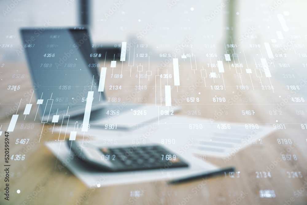 Double exposure of abstract creative statistics data hologram on calculator and pc background, analytics and forecasting concept Double exposure of abstract creative statistics data hologram on calculator and pc background, analytics and forecasting concept