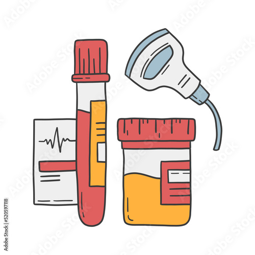 Medical and blood tests, ultrasound and urine analysis vector illustration in doodle cartoon hand drawn style. Health check up