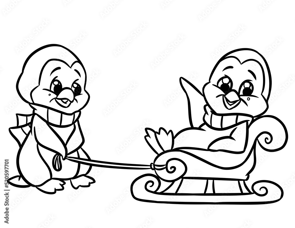 Animal penguin little surprise scarf sled ride character cartoon illustration coloring page Animal penguin little surprise scarf sled ride character cartoon illustration coloring page