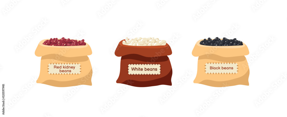 Sacks with red, black and white kidney beans, flat vector illustration isolated. Sacks with red, black and white kidney beans, flat vector illustration isolated.