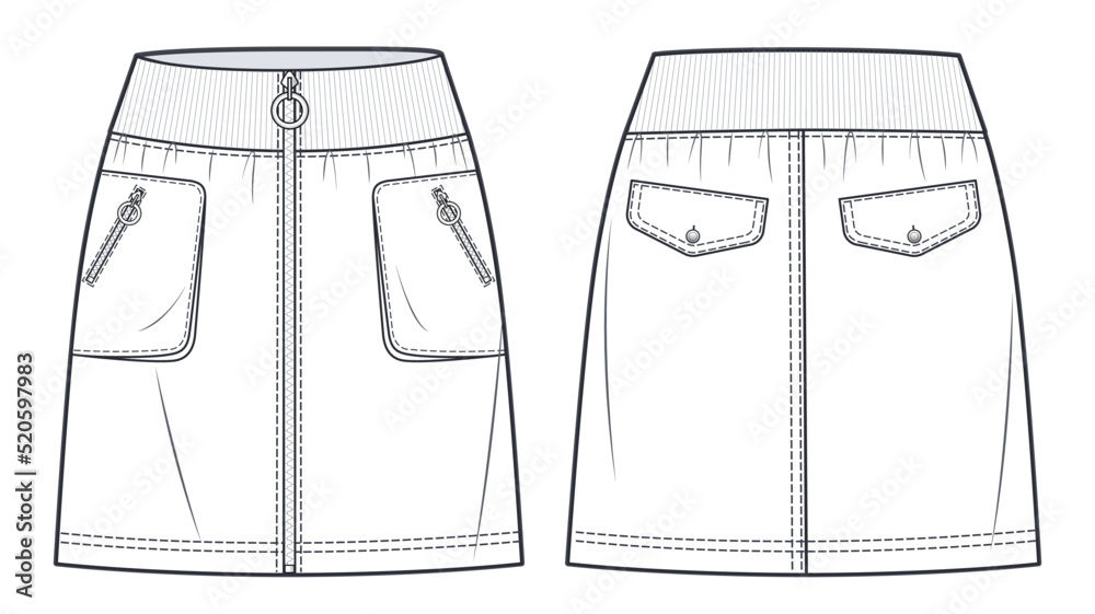 Mini Skirt technical fashion illustration. Denim Skirt fashion flat ...