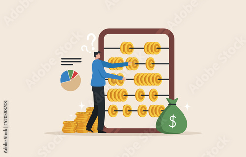 Calculation of income or taxes. Accounting operations. Annual earnings report. investment finance specialist. Businessman with piles of money and abacus for calculations.