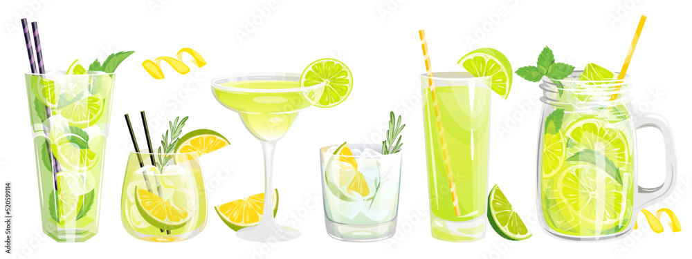 A set of cocktails with lime.Refreshing drinks, Caipirinha, gin and tonic, classic mojito, margarita, lime juice, lemonade in a jar. Vector illustration. - obrazy, fototapety, plakaty 