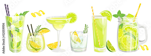 A set of cocktails with lime.Refreshing drinks, Caipirinha, gin and tonic, classic mojito, margarita, lime juice, lemonade in a jar. Vector illustration.