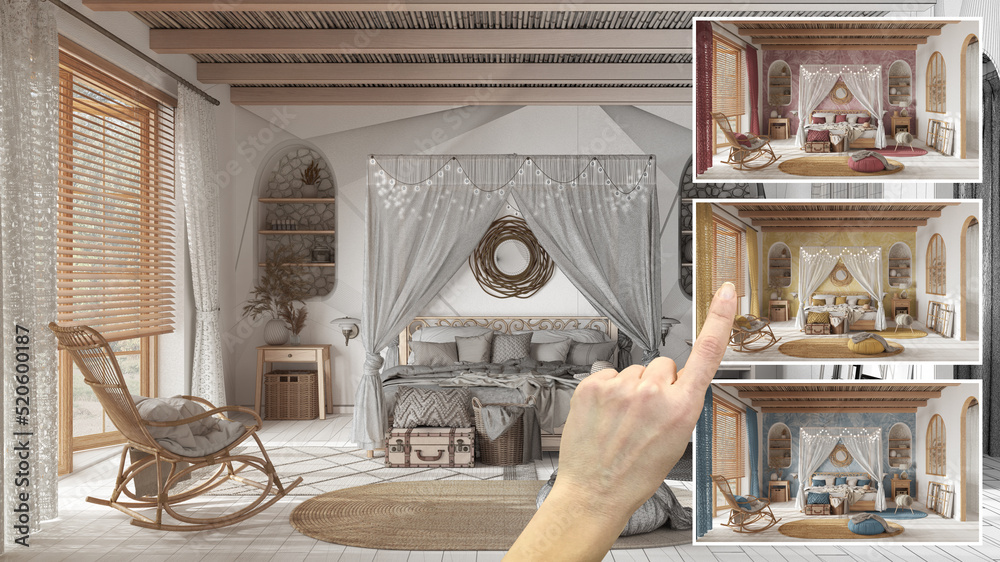 Architect designer concept, hand showing boho bedroom with canopy bed, colors in different options, interior design project draft, color picker, material sample - obrazy, fototapety, plakaty 
