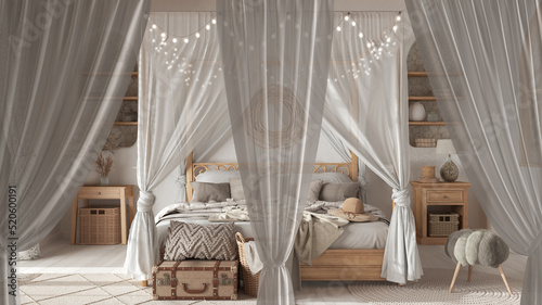 White openings curtains overlay bohemian wooden bedroom with canopy bed in boho style, clipping path, vertical folds, soft tulle textile texture, stage concept with copy space