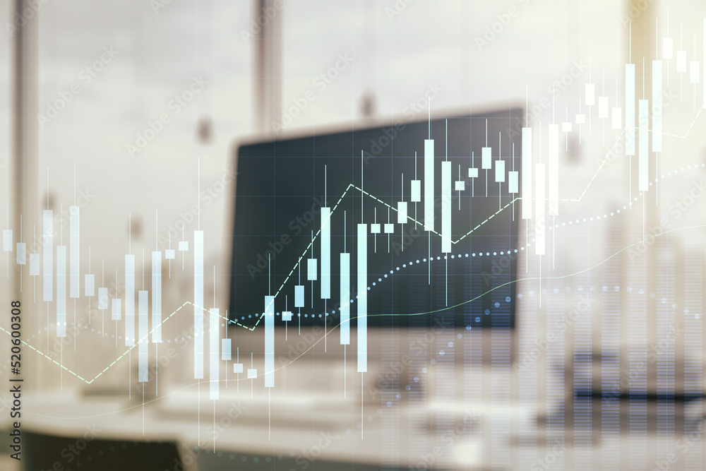 Abstract creative financial graph on modern laptop background, forex and investment concept. Multiexposure