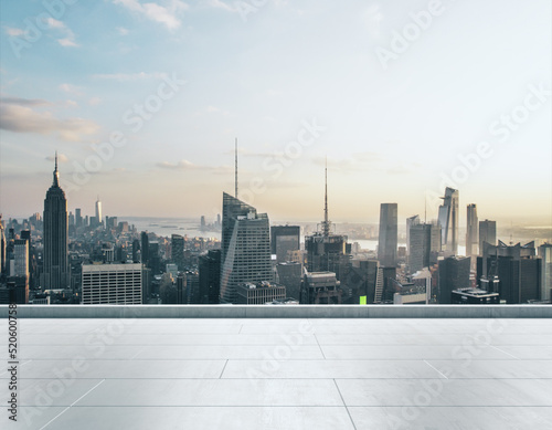 Empty concrete rooftop on the background of a beautiful New York city skyline at daytime, mockup