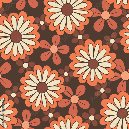 Colorful Large Scale Hand-Drawn Floral Vector Seamless Pattern. Retro 70s Style Nostalgic Daisies. Fashion Textile Bold Background. Summer Resort Print. Flower Power