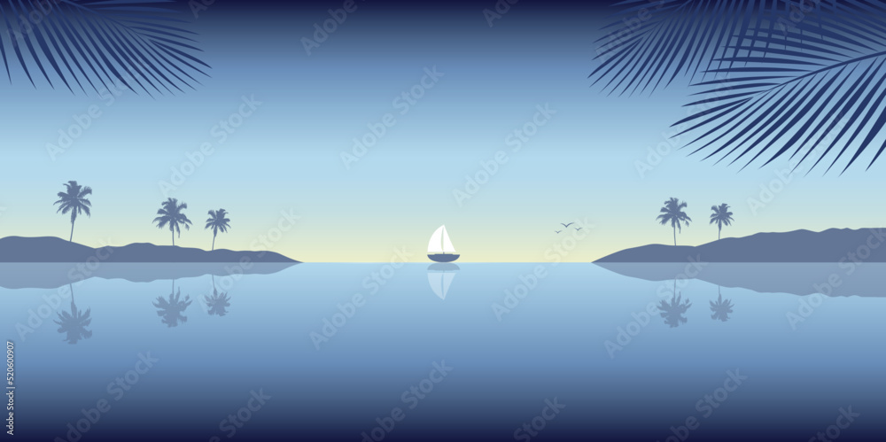 sail boat yacht on the tropical sea with palm trees