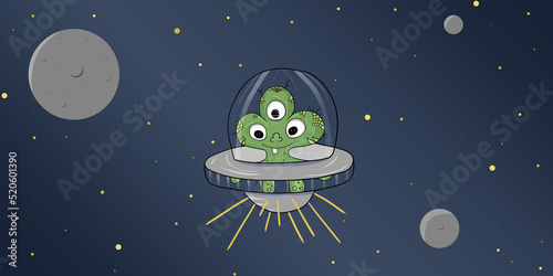 little green baby monster with three eyes and tentacles in spaceship
