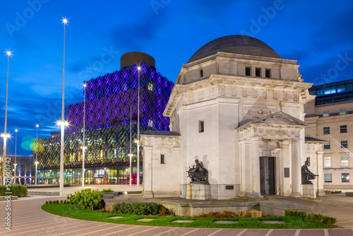 Dusk view of Hall of Memory War Memorial, Library of Birmingham, Centenary Square, Birmingham, England, United Kingdom photo