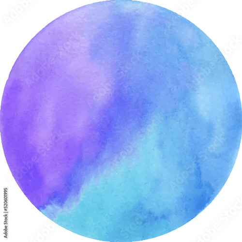 Round watercolor stain on white background, with overflow gradients of violet and blue. Smears of paints