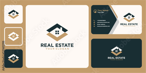 real estate logo design with home and business card