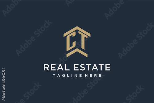 Initial CT logo for real estate with simple and creative house roof icon logo design ideas