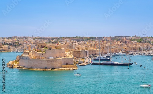 Fort St. Angelo, Grand Harbour, with the superyacht Maltese Falcon at anchor, Valletta, Malta