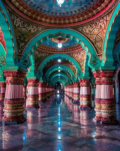 Fototapeta Vertical shot of Mysore Palace colorful Interiors
