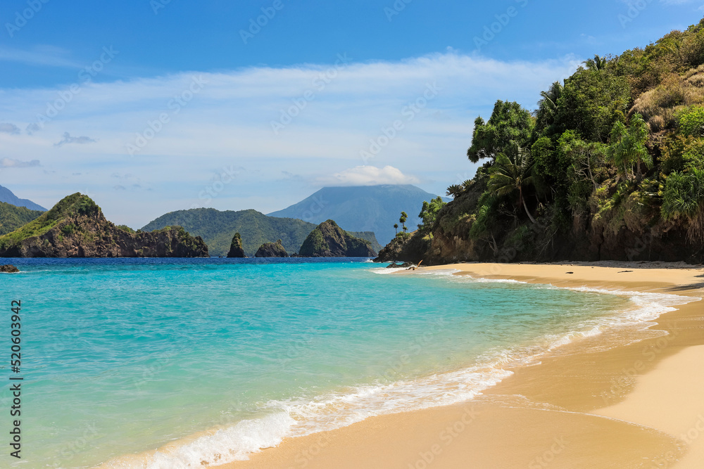 Lovely Mahoro Island beach with Masare and Karangetang volcano beyond, Mahoro, Siau, Sangihe Archipelago, North Sulawesi, Indonesia Lovely Mahoro Island beach with Masare and Karangetang volcano beyond, Mahoro, Siau, Sangihe Archipelago, North Sulawesi, Indonesia