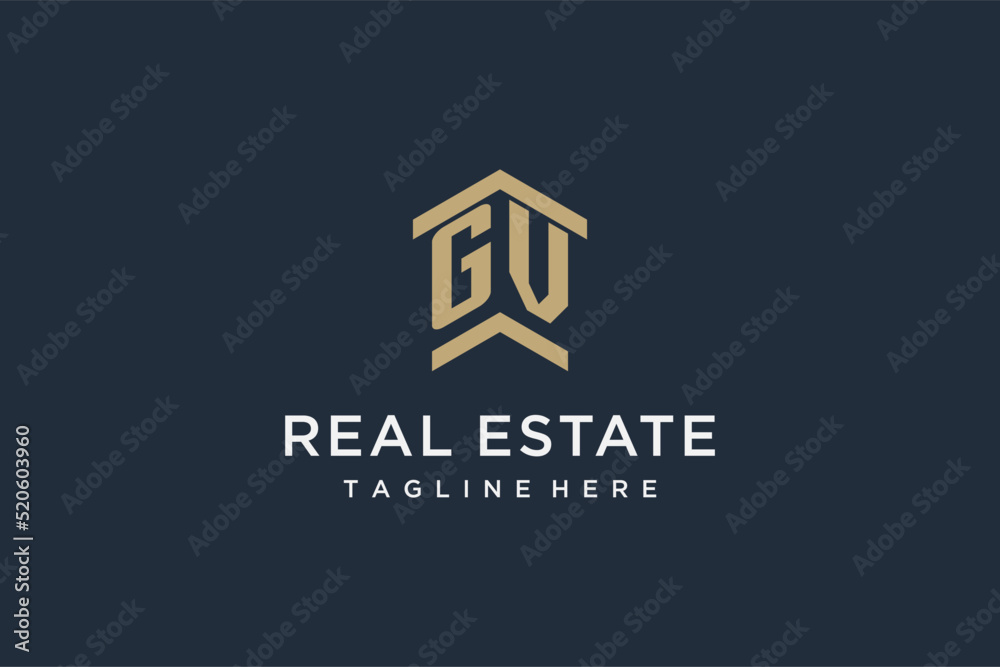 Vetor de Initial GV logo for real estate with simple and creative house