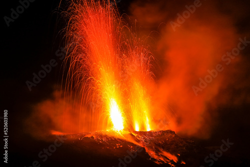 Lava bombs erupt from multiple vents on this volcano, active for at least 2000 years, Stromboli, Aeolian Islands, UNESCO World Heritage Site, Sicily, Italy photo