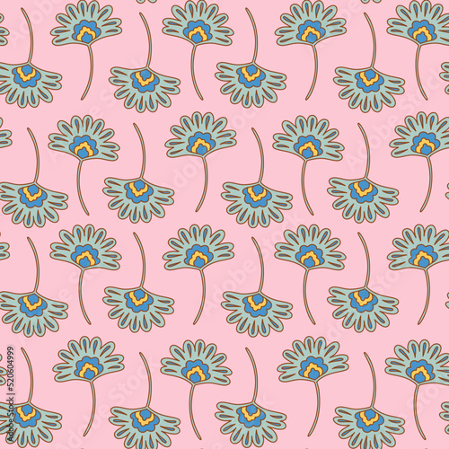 Groovy retro boho flower seamless pattern  vintage 70s digital paper. Hand drawn flower pink background for fabric  textile  stationery  wallpaper