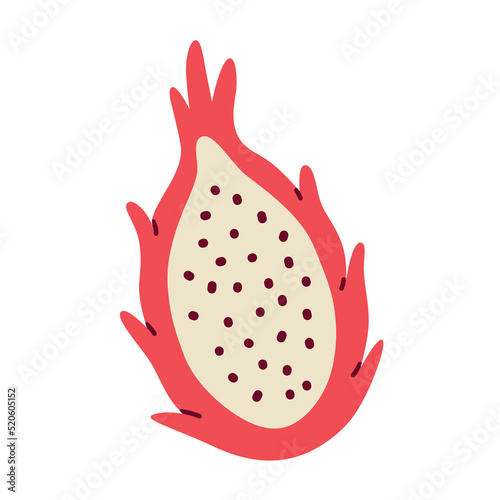 Fresh hand drawn dragon fruit doodle icon, vector illustration of pitaya or pitahaya fruit with seeds, isolated colored clipart on white background, healthy organic food, colored exotic fresh fruit