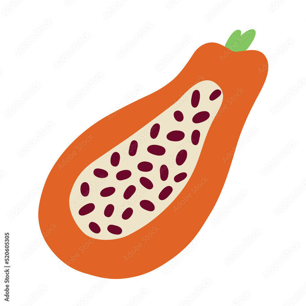 Hand drawn papaya doodle icon, vector illustration of fresh papaya fruit with seeds, isolated colored clipart on white background, healthy organic food, colored exotic fresh fruit Hand drawn papaya doodle icon, vector illustration of fresh papaya fruit with seeds, isolated colored clipart on white background, healthy organic food, colored exotic fresh fruit