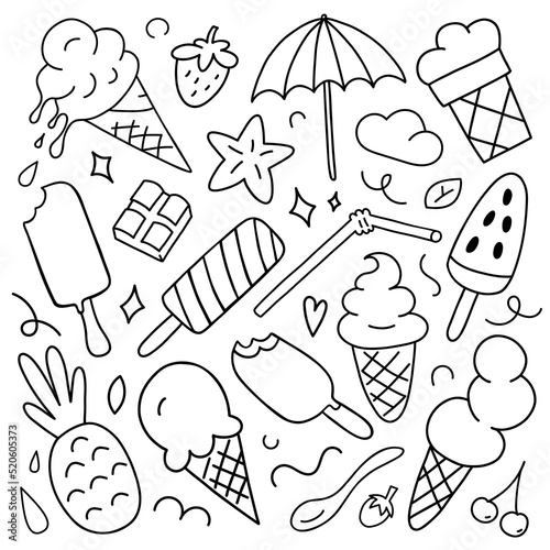 Ice cream summer hand drawn set, various kinds and flavors of ice-cream, cones, balls and fruit ice on white background, isolated simple objects, vector illustrations of ice cream doodle icons