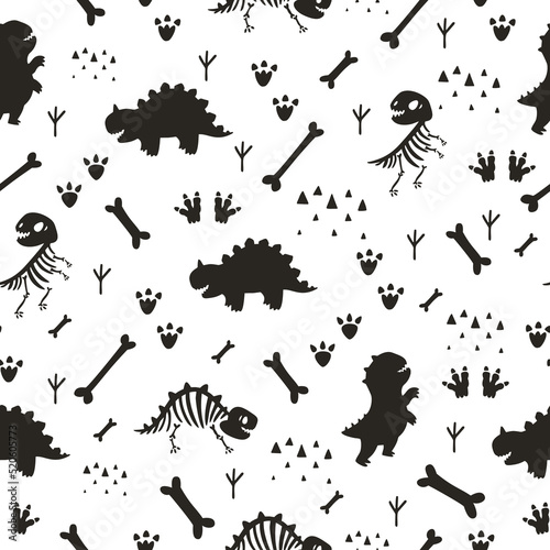 Vector seamless kids pattern with dinosaurs. Cute background with dino. Minimalistic pattern for kids. Skeletons and bones of dinosaurs