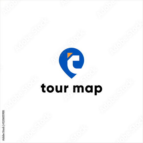 tour map logo , pin and letter t logotype vector