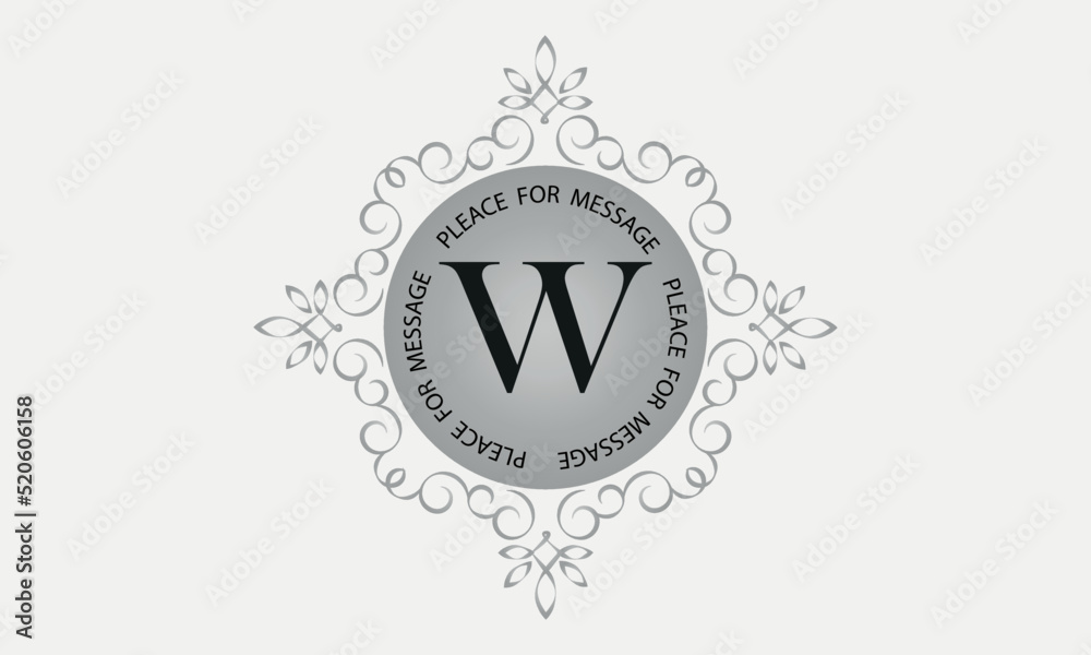 A monogram with the letter W in an elegant frame. Place for text. Template for cafes, bars, boutiques, invitations, attractions. Logo for business. Vintage elements