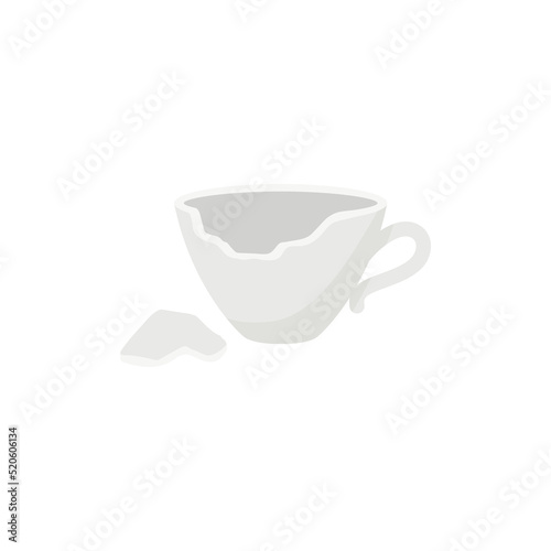 Broken ceramic cup or mug as symbol of misfortune, flat vector illustration isolated on white background.