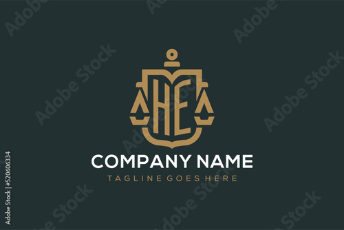 Initial HE logo for law firm with luxury modern scale and shield icon logo design