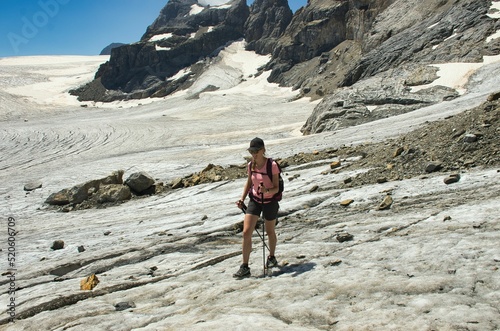 hike over the clariden glacier in the swiss mountains. Hiking trail over the glacier tongue. wanderlust. High quality.