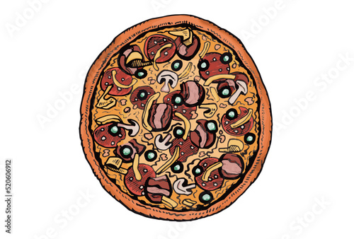 Vector color cartoon illustration of pizza on white background, fast food,take away food.Element for banners,menu of pizzeria 