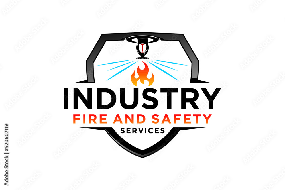 Ceiling water sprinkler logo design fire extinguisher emblem shield shape industry icon symbol - obrazy, fototapety, plakaty 