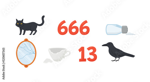 Bad luck symbols and omens set, flat vector illustration isolated on white background.