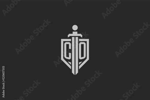 Letter CO logo with shield and sword icon design in geometric style