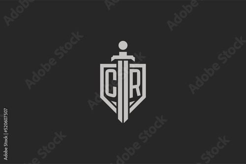 Letter CR logo with shield and sword icon design in geometric style