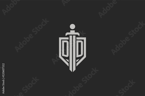 Letter DD logo with shield and sword icon design in geometric style
