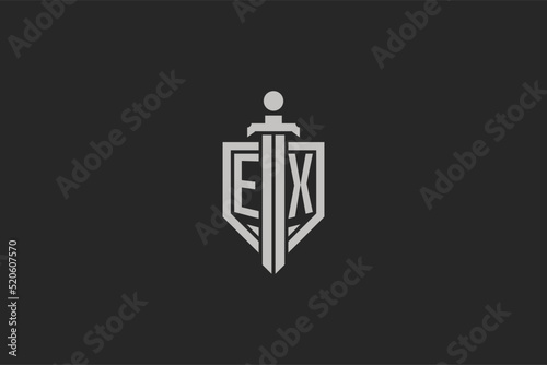 Letter EX logo with shield and sword icon design in geometric style