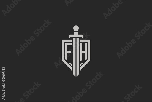 Letter FH logo with shield and sword icon design in geometric style