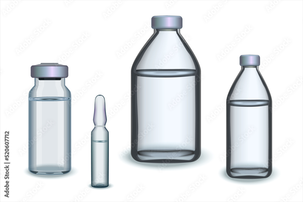 Small medicine or various extracts bottle set. Realistic mock up glass bottles and ampule for vaccine. 3d glass medical containers isolated on white background. Vector illustration Small medicine or various extracts bottle set. Realistic mock up glass bottles and ampule for vaccine. 3d glass medical containers isolated on white background. Vector illustration
