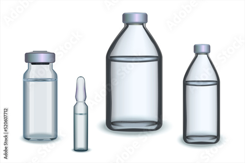 Small medicine or various extracts bottle set. Realistic mock up glass bottles and ampule for vaccine. 3d glass medical containers isolated on white background. Vector illustration