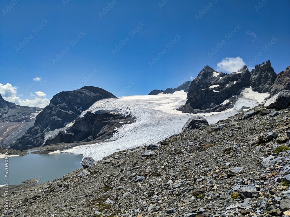 View of the clariden glacier with the glacial lake. Hiking in the Glarus Alps. climate, melting glaciers. High quality photo