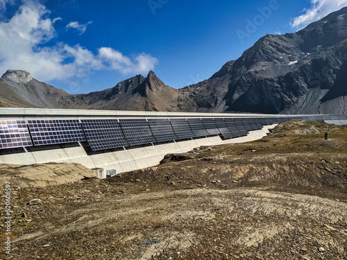Solar panel on the Muttsee dam in the Glarner mountains. Above the Limmernsee. wanderlust. reservoir. High quality photo