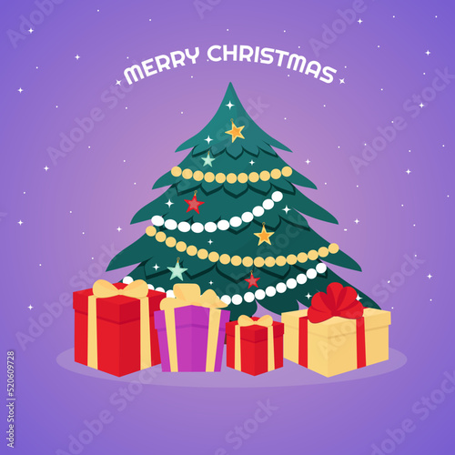 Christmas tree with gifts. Merry Christmas card. Vector illustration.