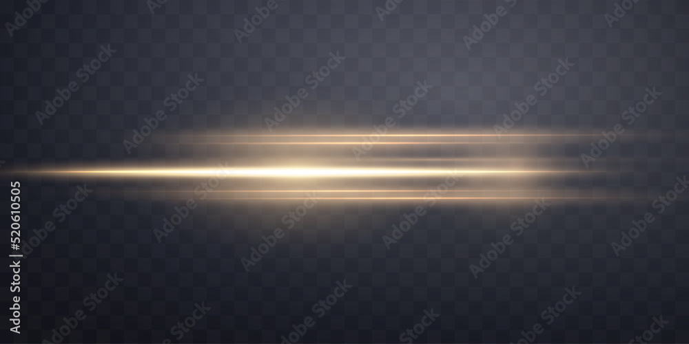 Gold horizontal lens flare. Sun flash with rays or gold spotlight and bokeh. Yellow glow flare light effect. Vector illustration. Gold horizontal lens flare. Sun flash with rays or gold spotlight and bokeh. Yellow glow flare light effect. Vector illustration.