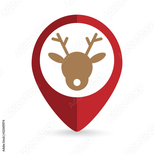 Map pointer with reindeer icon. Vector illustration.