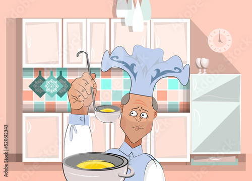 A cook in a large hat with a saucepan in his hands and a ladle against the background of the kitchen interior. Cartoon character. Vector illustration